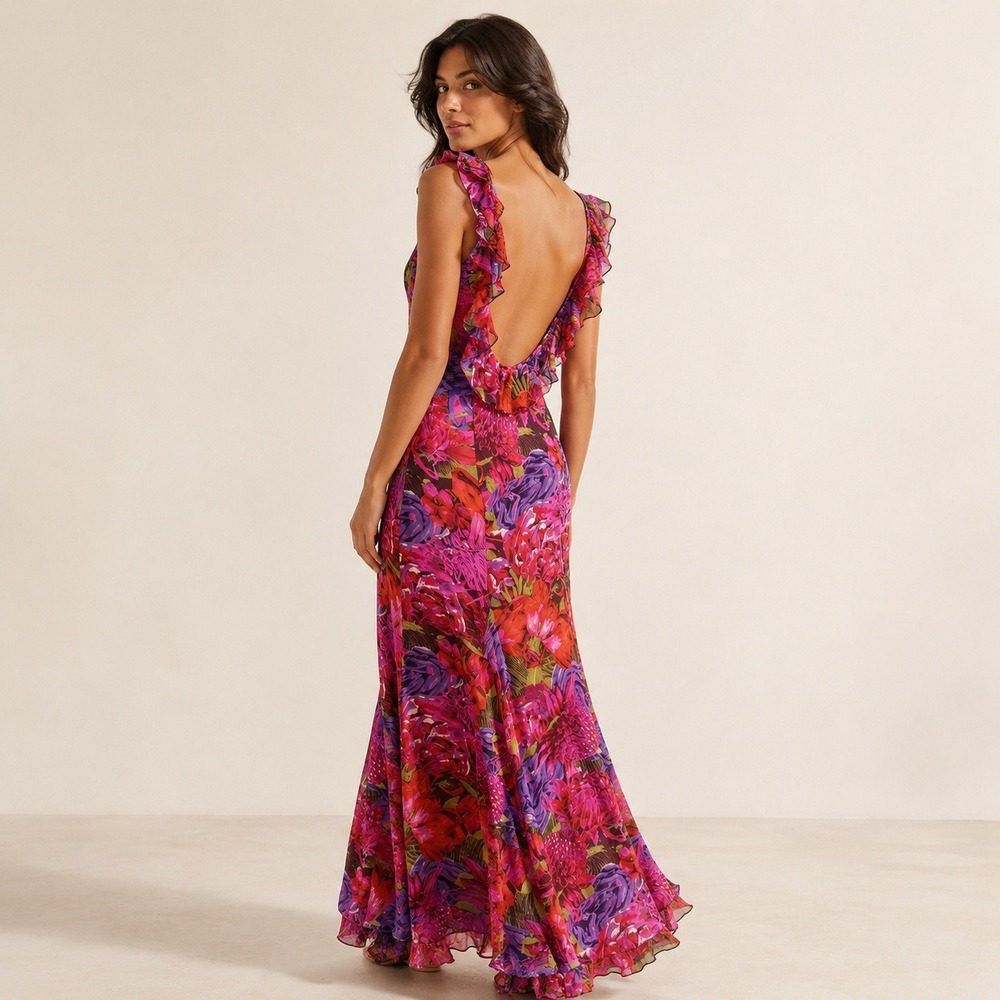Vtg Y2K Escada Silk Tropical Maxi Dress Pink Cowl Neck Open Back Ruffle Gown 38